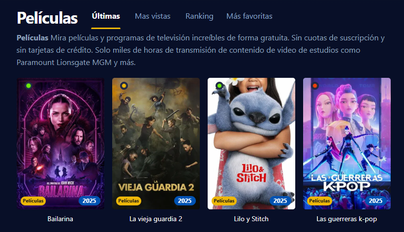 Imagen de la interfaz de Pepelisplus donde se muestran películas y series por categorías